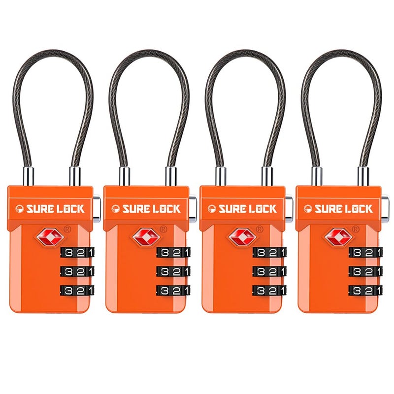 SURE LOCK TSA Approved Cable Luggage Lock â€“ TSA Locks for Luggage with Visual Inspection Indicator, Resettable 3-Digit Combination, Zinc Alloy Body for Suitcases, Backpacks, Gym Lockers(Orange 4 Pack) - Image 1
